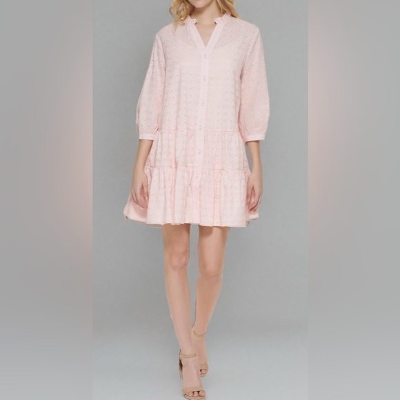 Tommy Hilfiger Dresses & Skirts - Tommy Hilfiger 3/4 sleeve button shift dress pink Eyelit mini dress size 14 $134